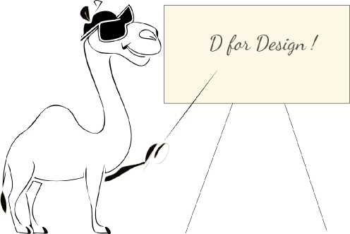 A camel in a graduation cap teaching at a board that reads D for Design