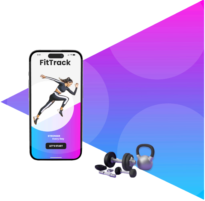 FitTrack onboarding screen on a phone, with gradient shapes and gym weights
