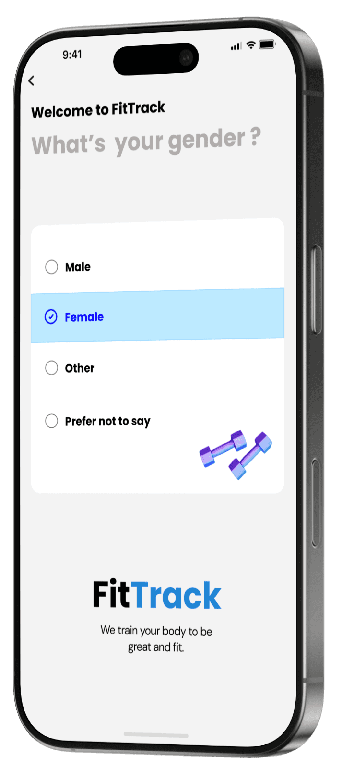 FitTrack onboarding screen asking for the user's details