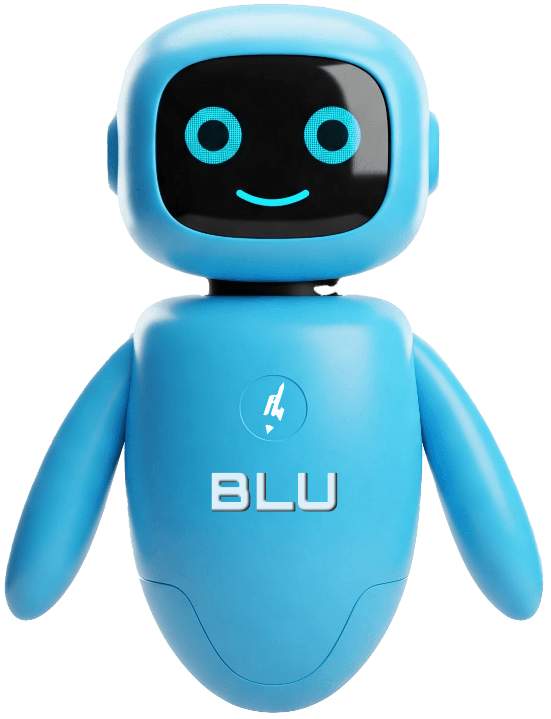 BLU, the PractWorks AI mascot, a friendly blue robot