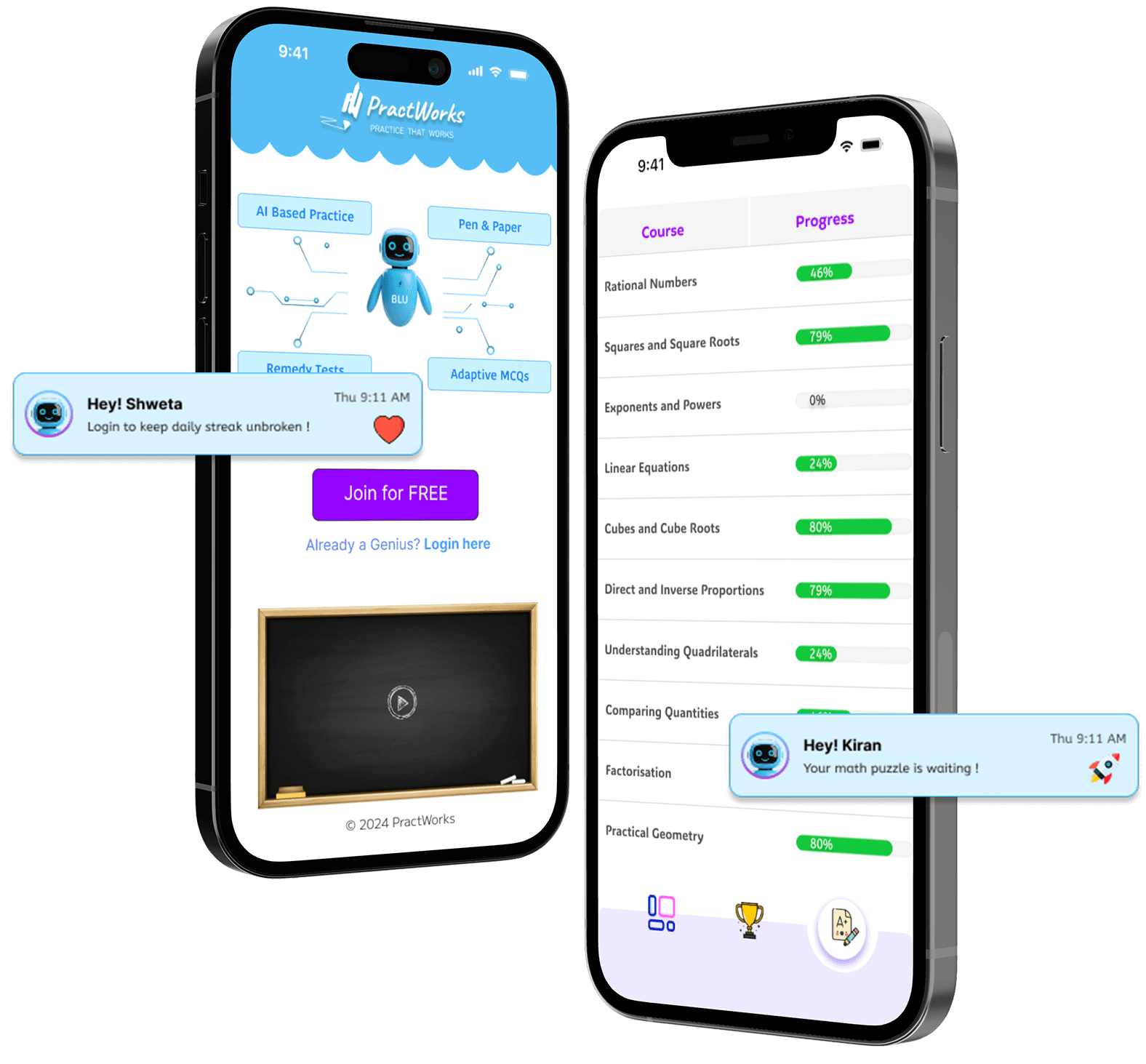 Redesigned PractWorks mobile app screens with the BLU mascot