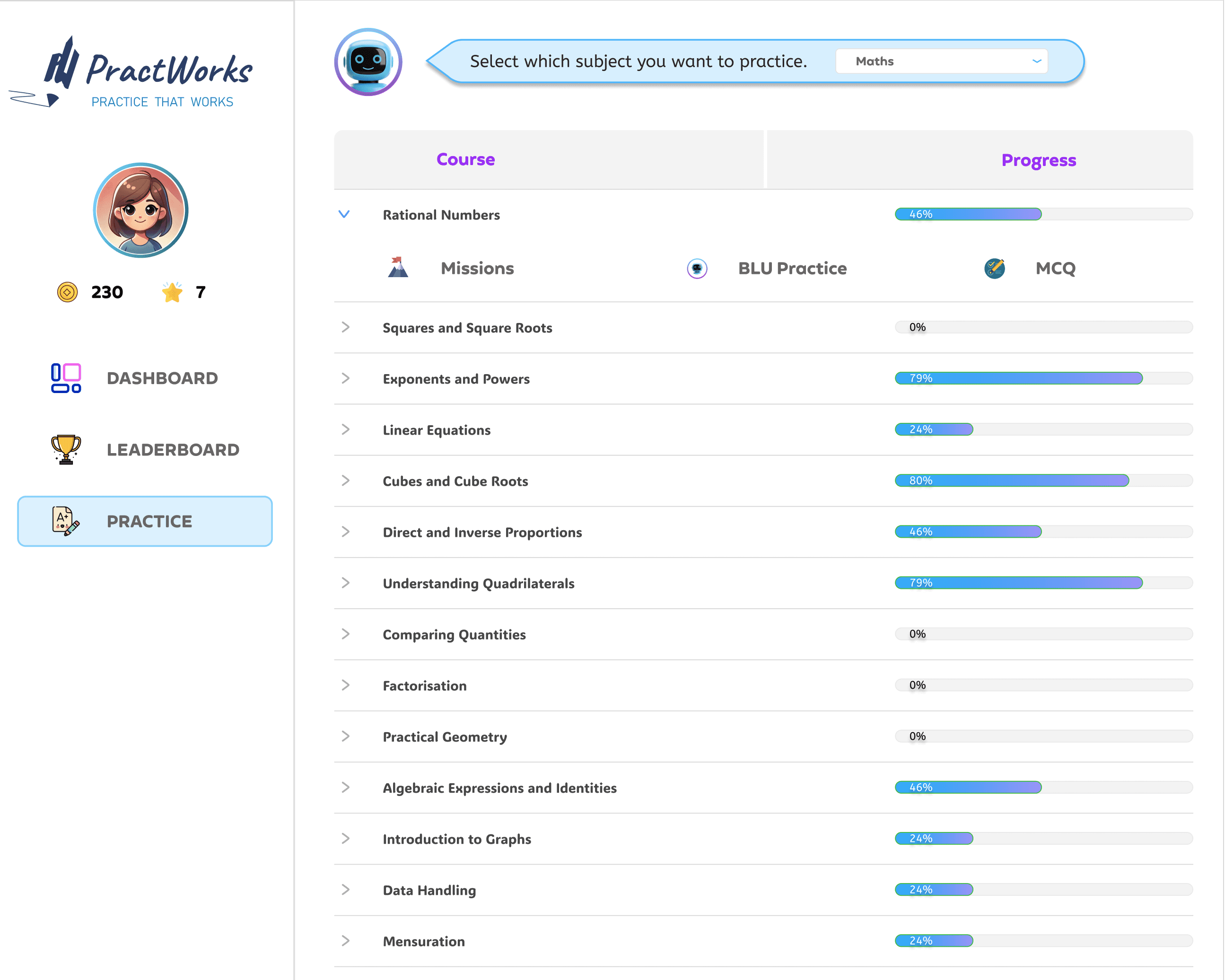 Redesigned PractWorks practice screen with course progress