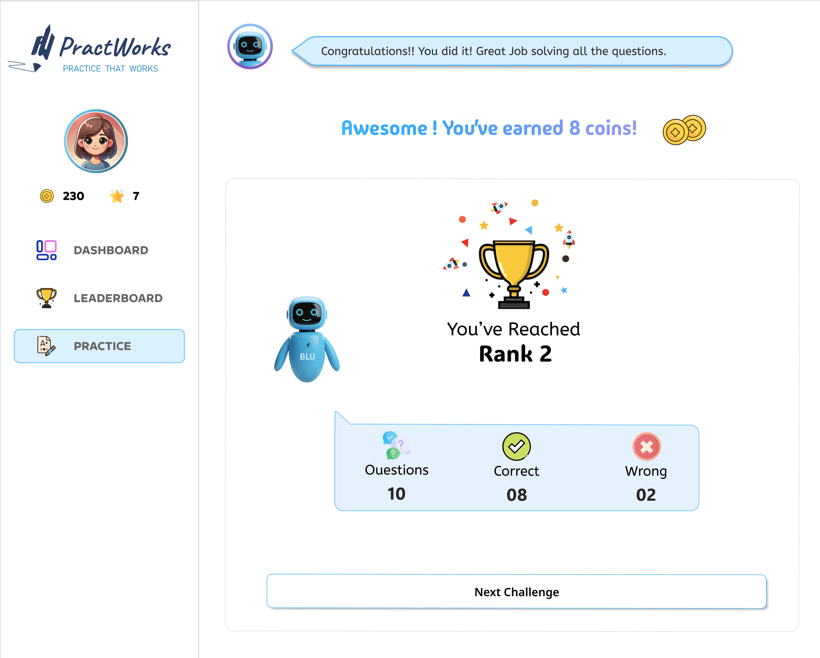 PractWorks celebration screen showing a new rank